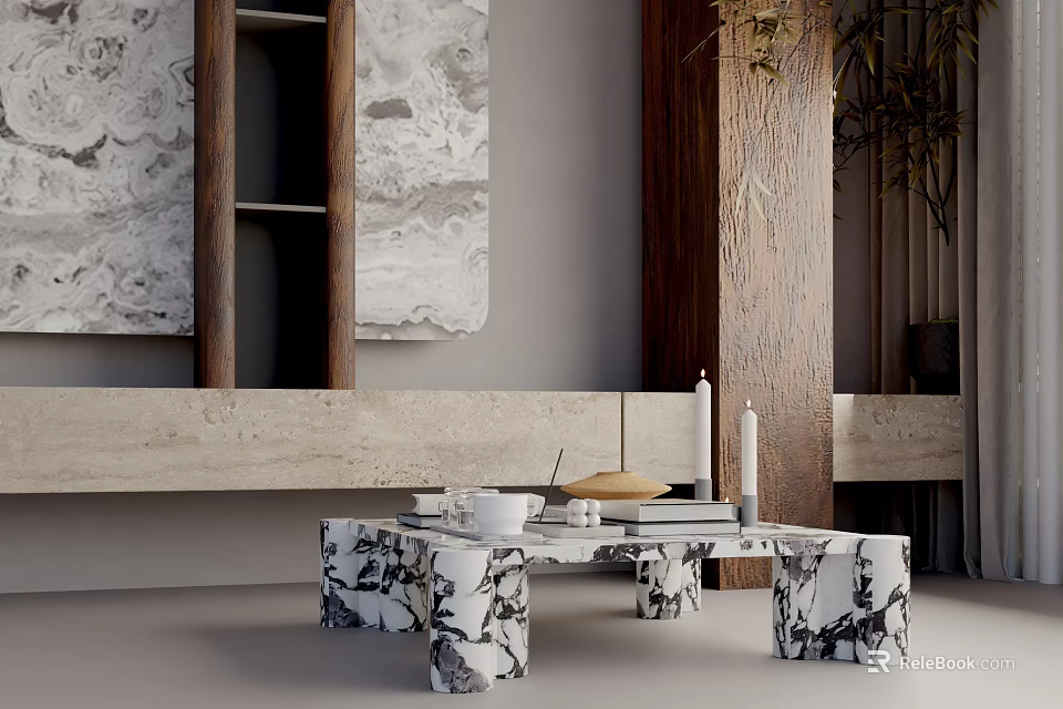 Living Room Interior With Modern Marble Coffee Table Wooden Elements And Tableware On Top 3d model 