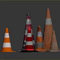 Orange And White Striped Traffic Cones In Various Sizes On Dark Background