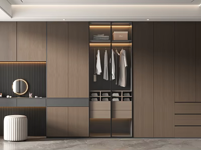 Modern Wooden Wardrobe Interior With Hanging Clothes Drawers Shelves And Dressing Table 3d model