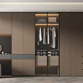 Modern Wooden Wardrobe Interior With Hanging Clothes Drawers Shelves And Dressing Table