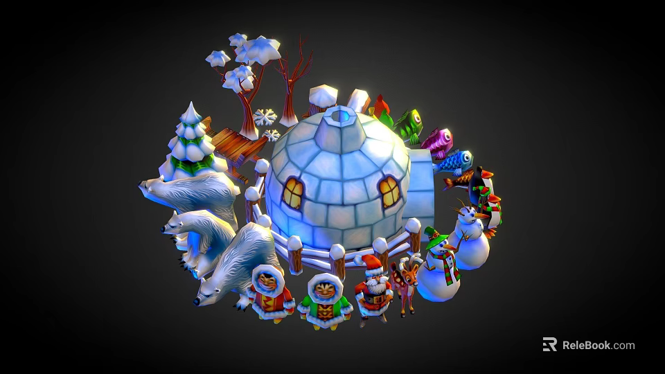 Festive Winter Scene with Igloo Snow Trees Snowmen Polar Bear and Characters 3d model 