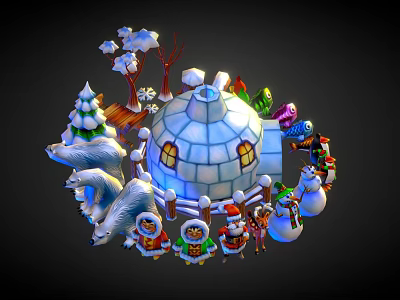 Festive Winter Scene with Igloo Snow Trees Snowmen Polar Bear and Characters 3d model