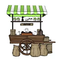 Wooden Coffee Cart with Green and White Striped Awning Wheels Coffee Items and Sacks
