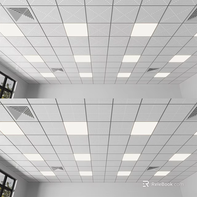 Modern White Grid Suspended Ceiling With Embedded Square Tiles And Vent Grilles 3d model