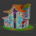 Colorful Cartoon House Scene With Red Roof Blue Walls Arched Windows Balconies And Green Grass