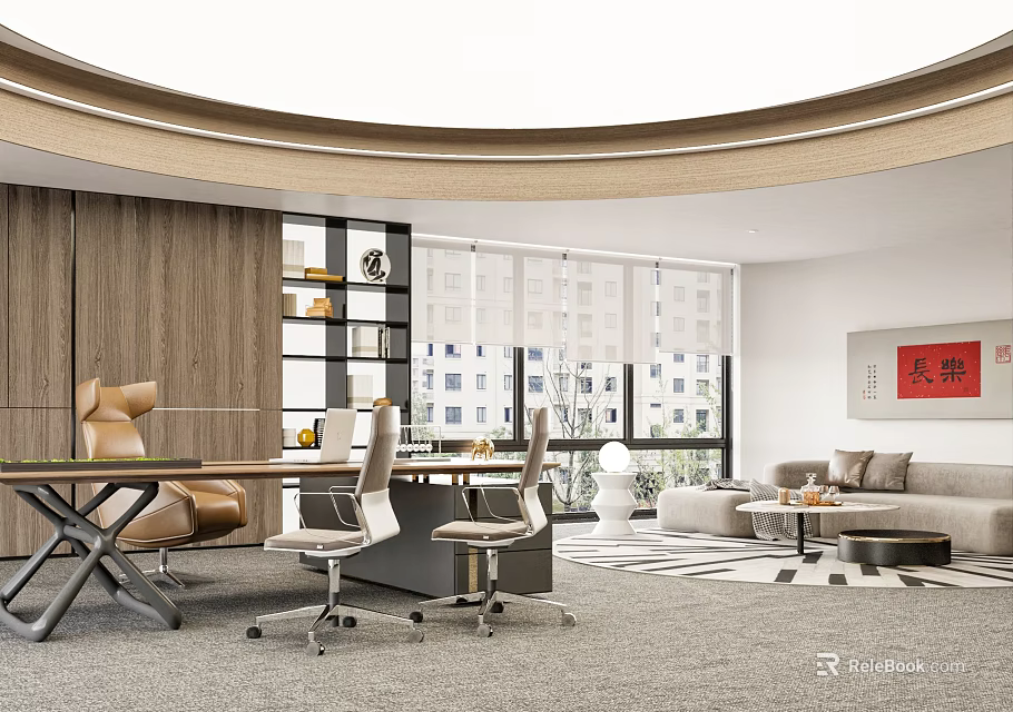 Modern Office Interior With Wooden Bookshelf Leather Sofa And Large Windows 3d model 