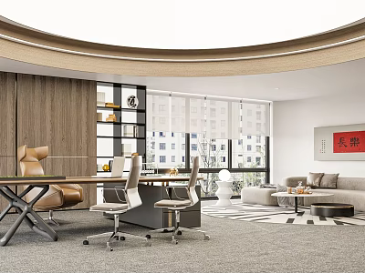 Modern Office Interior With Wooden Bookshelf Leather Sofa And Large Windows 3d model
