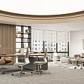 Modern Office Interior With Wooden Bookshelf Leather Sofa And Large Windows