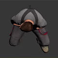 Man Sitting On Chair In Gray T Shirt And Gray Overalls With Red Details Beige Shoes On Gray Gradient Background