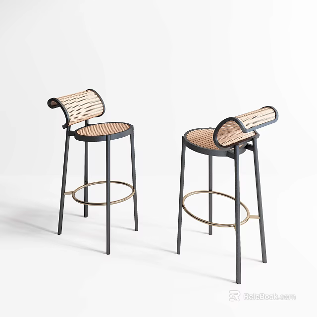 Modern Woven Rattan Bar Stools With Black Metal Frame And Footrest 3d model 