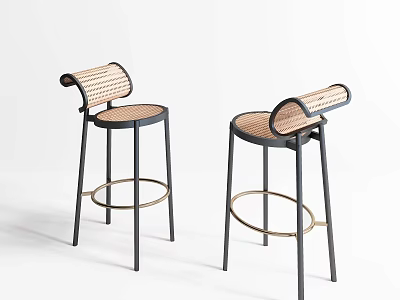 Modern Woven Rattan Bar Stools With Black Metal Frame And Footrest 3d model