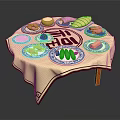 Traditional Chinese Food on Round Table with Decorative Tablecloth Colorful Dishes and Central Fortune Character