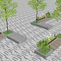 Outdoor Plaza With Green Trees Wooden Benches And Flower Planters On Paved Ground