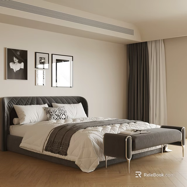 Elegant Double Bed With Tufted Headboard White Bedding And Black White Wall Art 3d model 