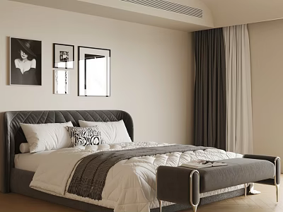 Elegant Double Bed With Tufted Headboard White Bedding And Black White Wall Art 3d model