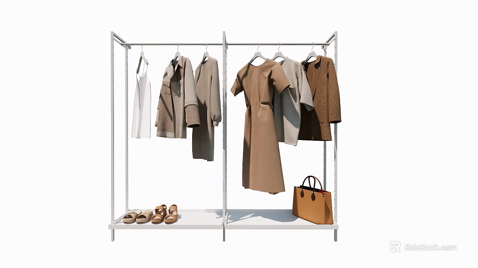 Metal Clothing Rack Displaying Coats Dresses Shirts With Shoes And Handbag 3d model 