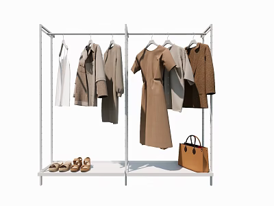 Metal Clothing Rack Displaying Coats Dresses Shirts With Shoes And Handbag 3d model