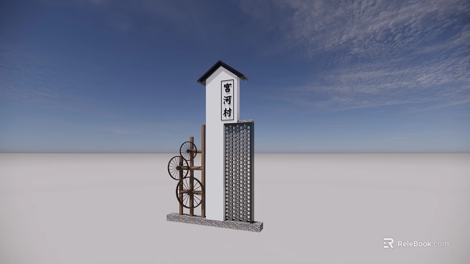 Outdoor Garden Ornament Featuring White Pillar Black Roof Wheel Decoration And Metal Grille 3d model 