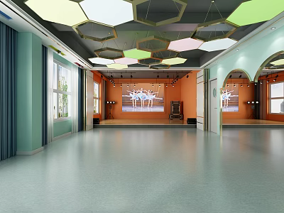 Spacious Fitness Studio Interior With Hexagonal Ceiling Orange Walls And Large Windows 3d model