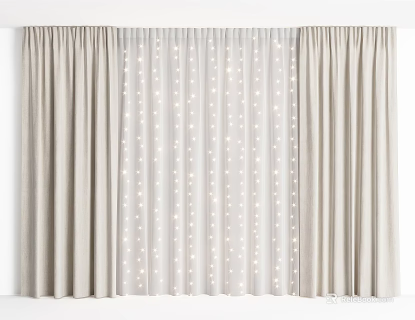Beige Light-Filtering Curtains With Fairy Lights Behind Creating Cozy Home Ambiance 3d model 