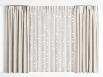 Beige Light-Filtering Curtains With Fairy Lights Behind Creating Cozy Home Ambiance 3d model