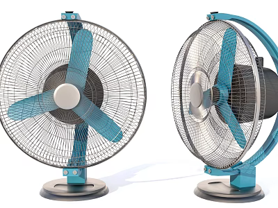 Two Modern Air Cooler Fans With Blue Blades And Metal Grille Design 3d model