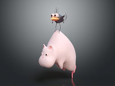 Adorable Pink Chubby Creature With Black Bird Standing On Its Back 3d model