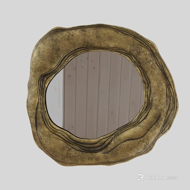 Unique Golden Circular Mirror With Wavy Edge Reflecting Light Wooden Wall 3d model 