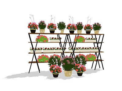 Multi tiered Display Shelves with Colorful Flower Vases and Potted Assorted Flowers 3d model