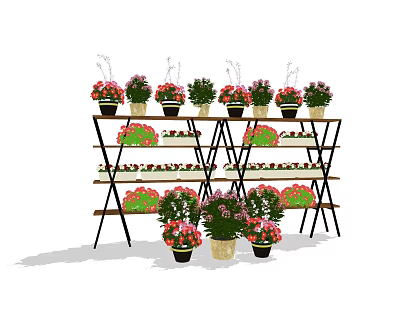 Multi tiered Display Shelves with Colorful Flower Vases and Potted Assorted Flowers 3d model