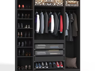Modern Black Wardrobe With Hanging Clothes Drawers And Shoe Storage Compartments 3d model