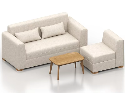 Stylish Light Beige Sofa With Cushions Matching Ottoman And Wooden Coffee Table Set 3d model