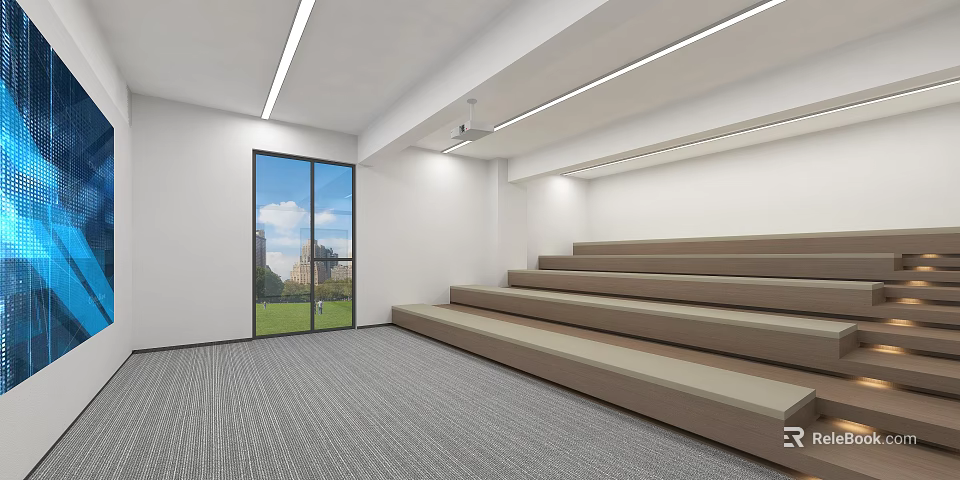 School Modern Tiered Classroom Interior With Large Windows And Comfortable Seats 3d model