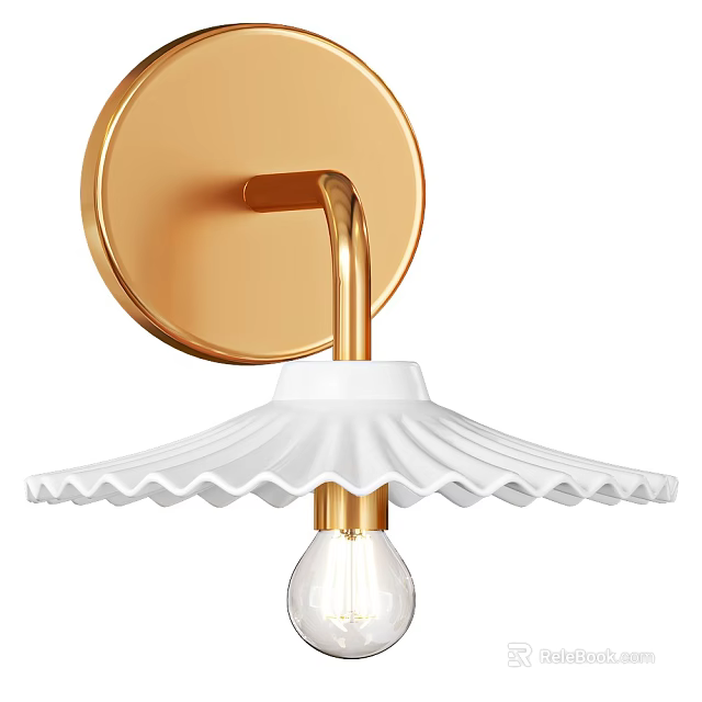 Golden Circular Base Wall Sconce With White Scalloped Lampshade And Clear Bulb 3d model 