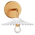 Golden Circular Base Wall Sconce With White Scalloped Lampshade And Clear Bulb