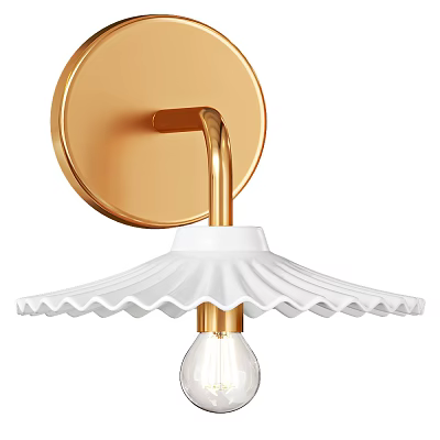 Golden Circular Base Wall Sconce With White Scalloped Lampshade And Clear Bulb 3d model