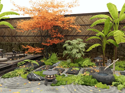 Japanese Garden Courtyard With Orange Maple Tree Bamboo Fence Stone Lanterns Moss And Gravel Paths 3d model