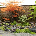 Japanese Garden Courtyard With Orange Maple Tree Bamboo Fence Stone Lanterns Moss And Gravel Paths