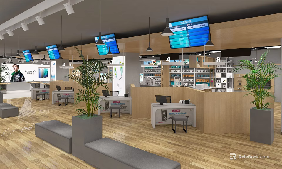 Digital Retail Store Interior Featuring Electronics Display Shelves Seating Area And Green Plants 3d model