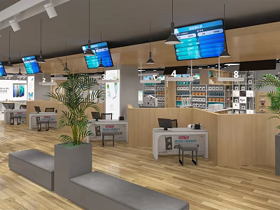 Digital Retail Store Interior Featuring Electronics Display Shelves Seating Area And Green Plants 3d model