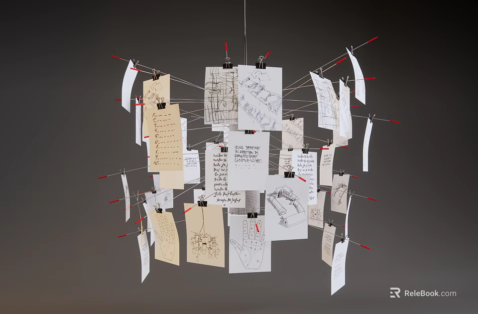 Creative Chandelier With Hanging Papers Clips Handwritten Notes And Sketches 3d model 