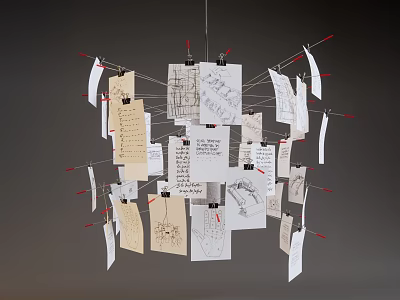 Creative Chandelier With Hanging Papers Clips Handwritten Notes And Sketches 3d model