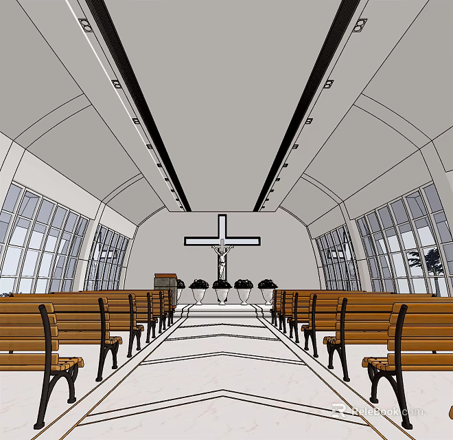 Religious Church Interior Featuring Cross Wooden Pews And Large Windows 3d model 