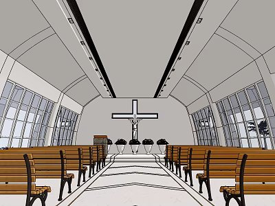 Religious Church Interior Featuring Cross Wooden Pews And Large Windows 3d model