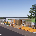 Modern Outdoor Public Space With Wooden Deck Blue Roof Building Water Area Greenery And Pedestrians