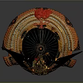 Traditional Samurai Helmet With Golden Dragon Ornament Wing Shaped Sides Red And Orange Decorative Bands