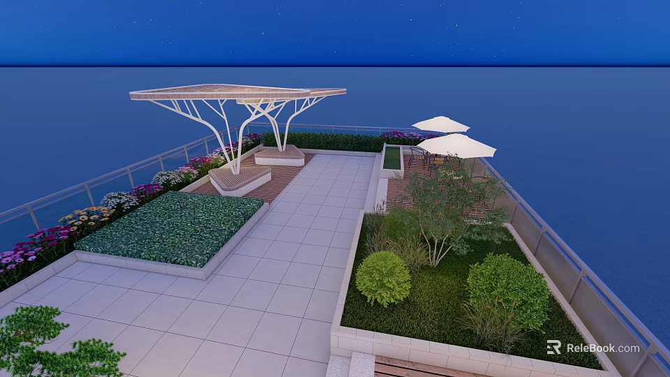 Roof Garden With Seaside Night View White Pergola Green Plants And Stone Paved Seating Area 3d model 