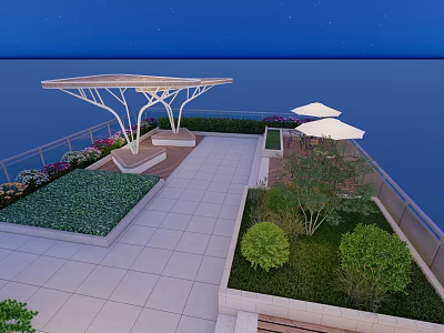 Roof Garden With Seaside Night View White Pergola Green Plants And Stone Paved Seating Area 3d model