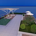 Roof Garden With Seaside Night View White Pergola Green Plants And Stone Paved Seating Area