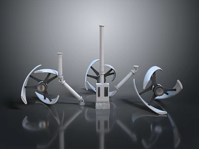 Three Industrial Metal Propeller Devices With Bladed Impellers And Support Structures 3d model